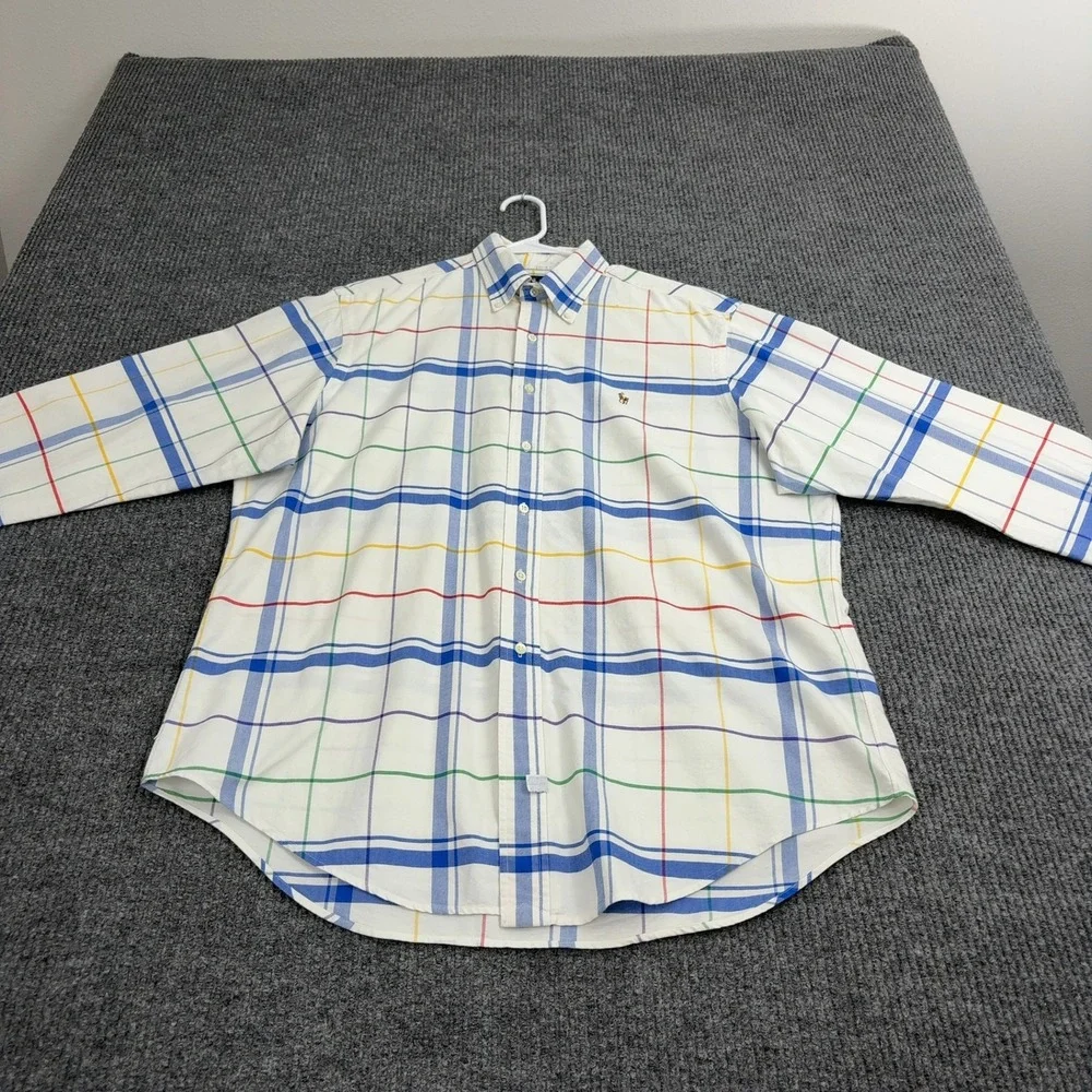 Ralph Lauren Button Down Shirt Mens 16.5‎ White Cotton Plaid Classic Preppy